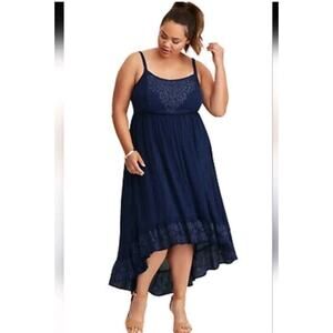 TORRID Dress Plus 2X Long Blue Embroidered Hi Lo Ruffle Hem Maxi Tank Sundress